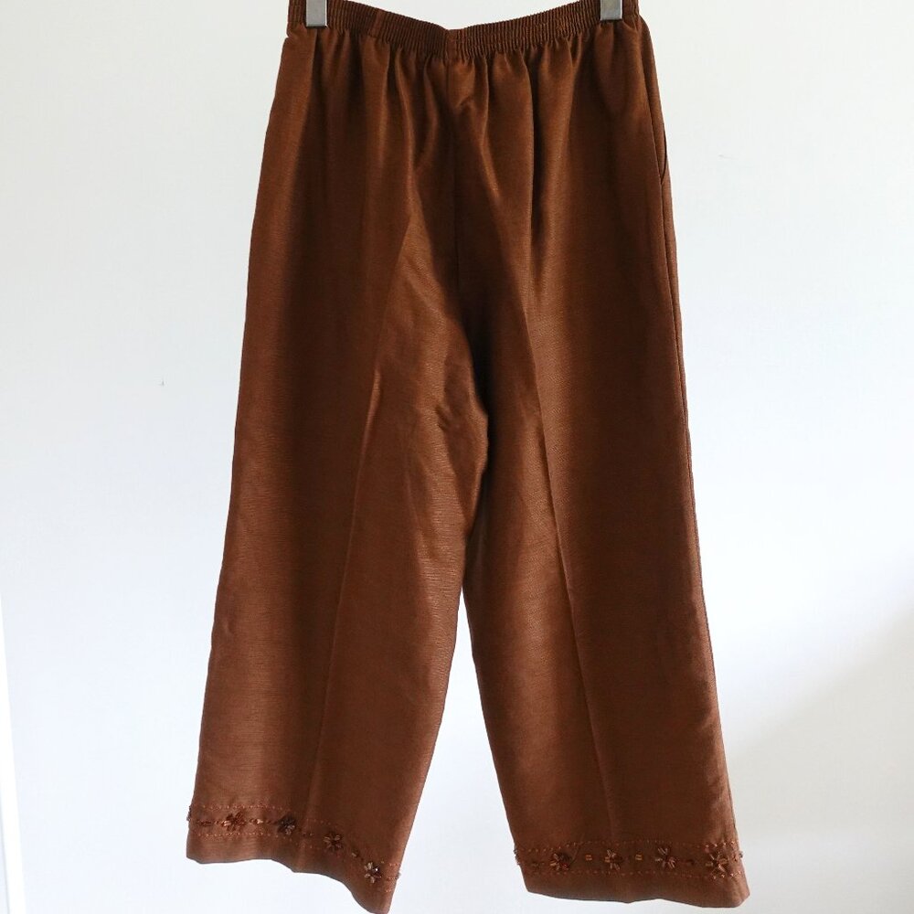 Alfred Dunner Women's Brown Drawstring Pants with Beaded Hem Detail